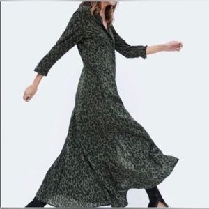 Zara Woman Olive Green & Black Leopard Print Maxi Dress. Large